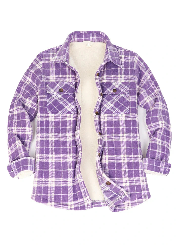 Women's Sherpa Lined Shirt Jacket Button Up Plaid Jacket-6