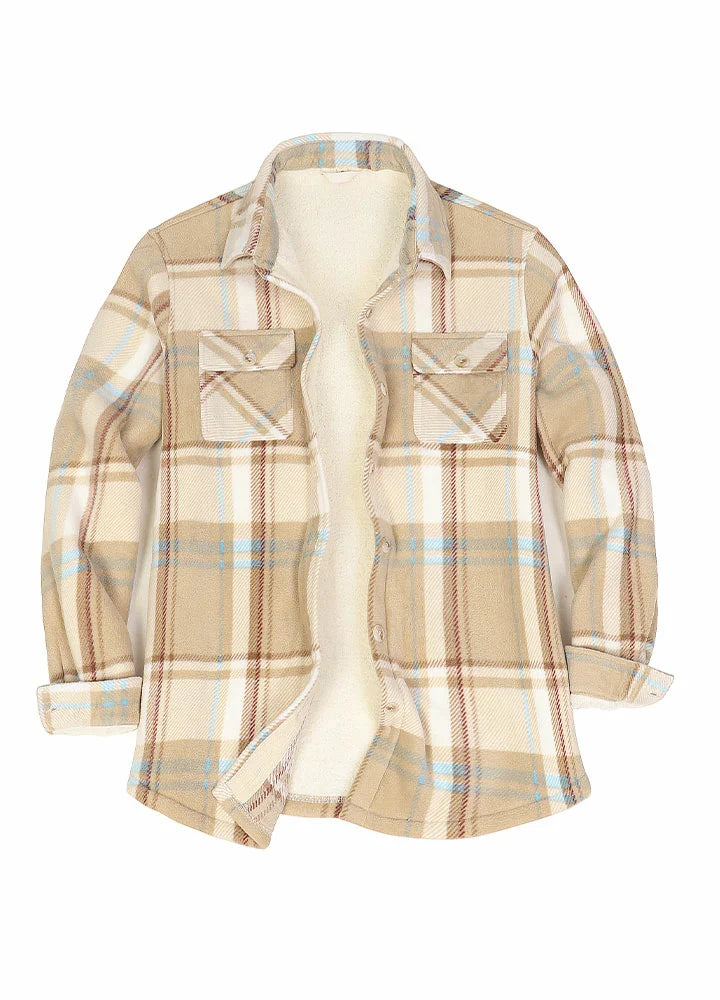 Women's Sherpa Lined Shirt Jacket Button Up Plaid Jacket-8