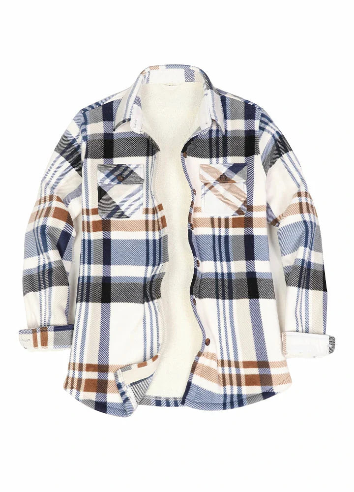 Women's Sherpa Lined Shirt Jacket Button Up Plaid Jacket-7