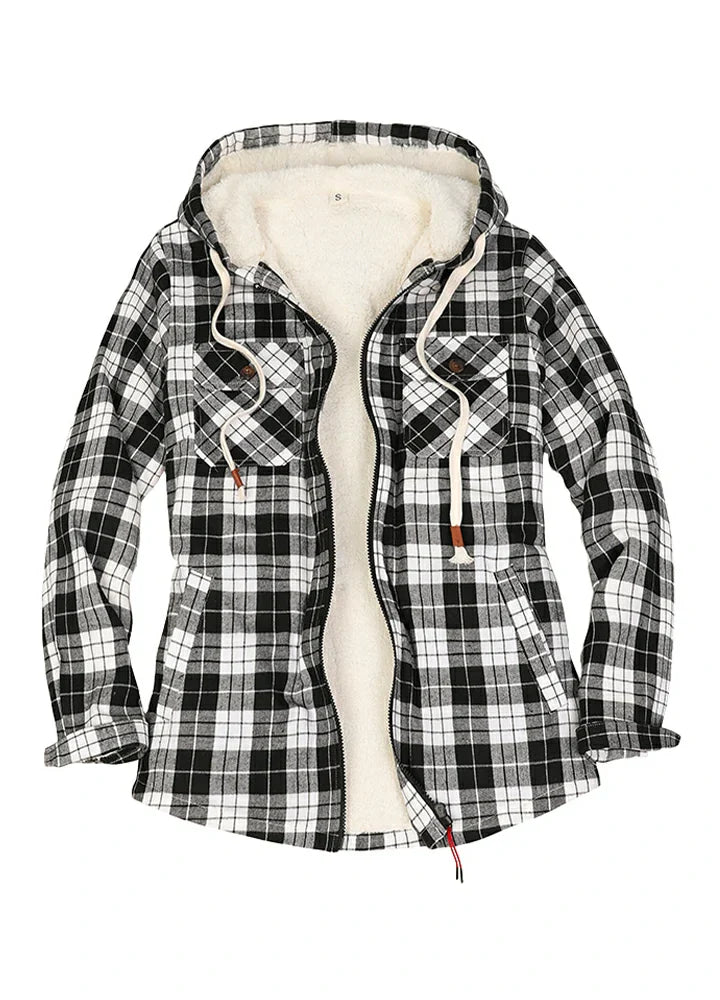 Women's Sherpa Lined Flannel Hooded Jacket With Zip Up-4
