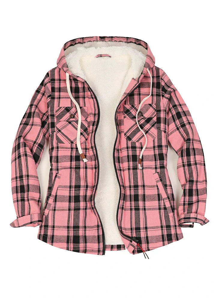 Women's Sherpa Lined Flannel Hooded Jacket With Zip Up-0