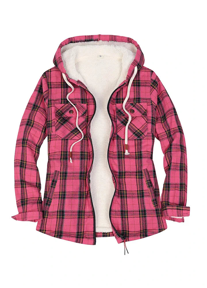 Women's Sherpa Lined Flannel Hooded Jacket With Zip Up-7
