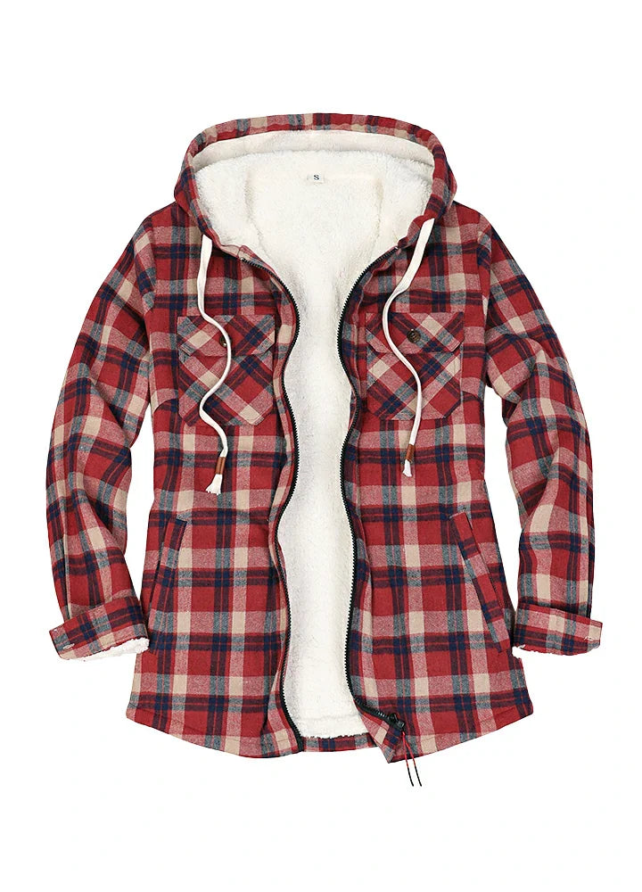 Women's Sherpa Lined Flannel Hooded Jacket With Zip Up-6