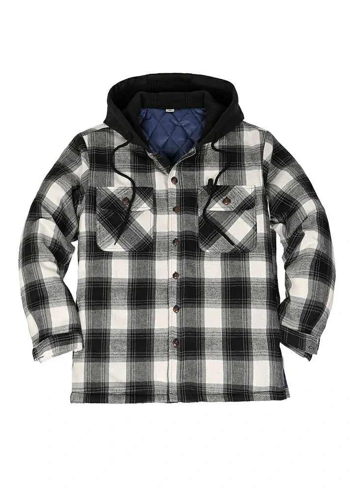 Men's Button Up Plaid Hooded Jacket With Quilted Lining-5