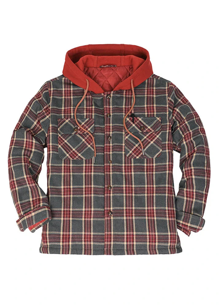 Men's Button Up Plaid Hooded Jacket With Quilted Lining-0