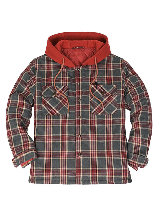 Men's Button Up Plaid Hooded Jacket With Quilted Lining-0