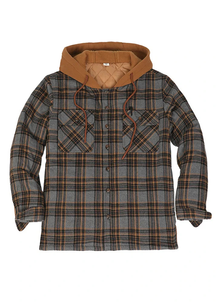 Men's Button Up Plaid Hooded Jacket With Quilted Lining-7