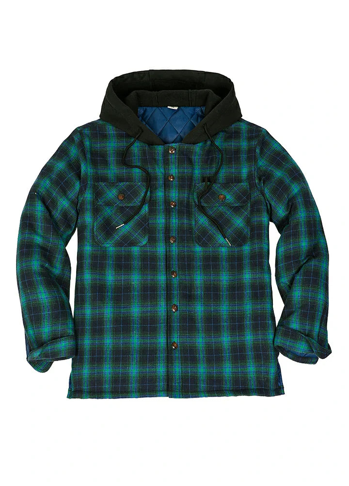 Men's Button Up Plaid Hooded Jacket With Quilted Lining-8