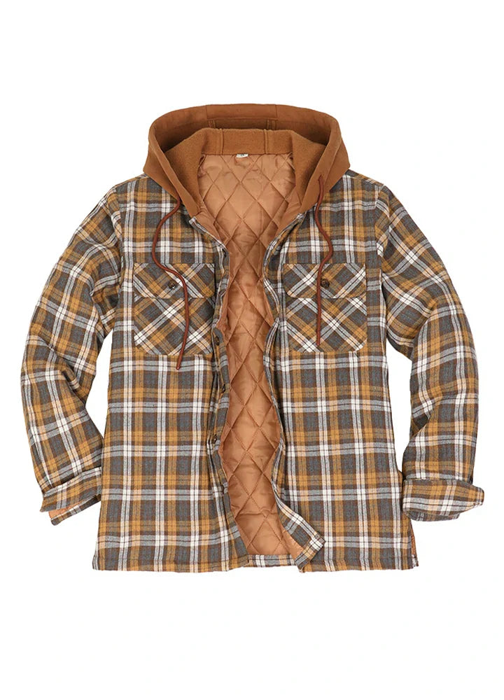 Men's Button Up Plaid Hooded Jacket With Quilted Lining-6