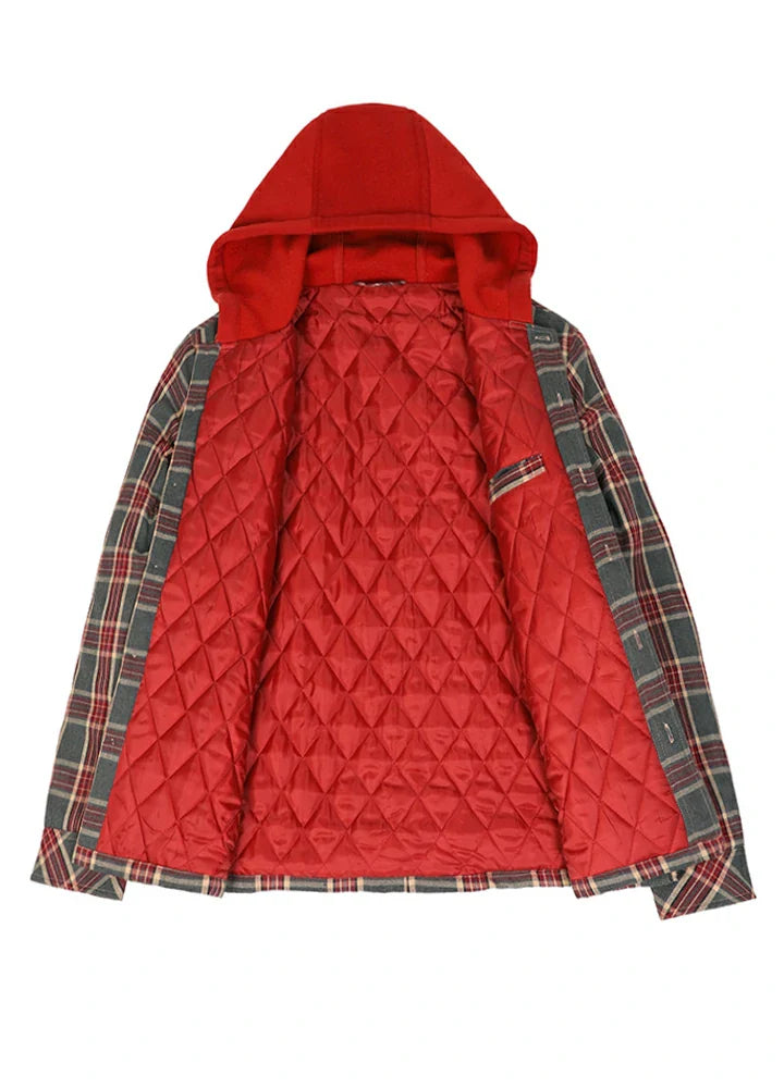Men's Button Up Plaid Hooded Jacket With Quilted Lining-2