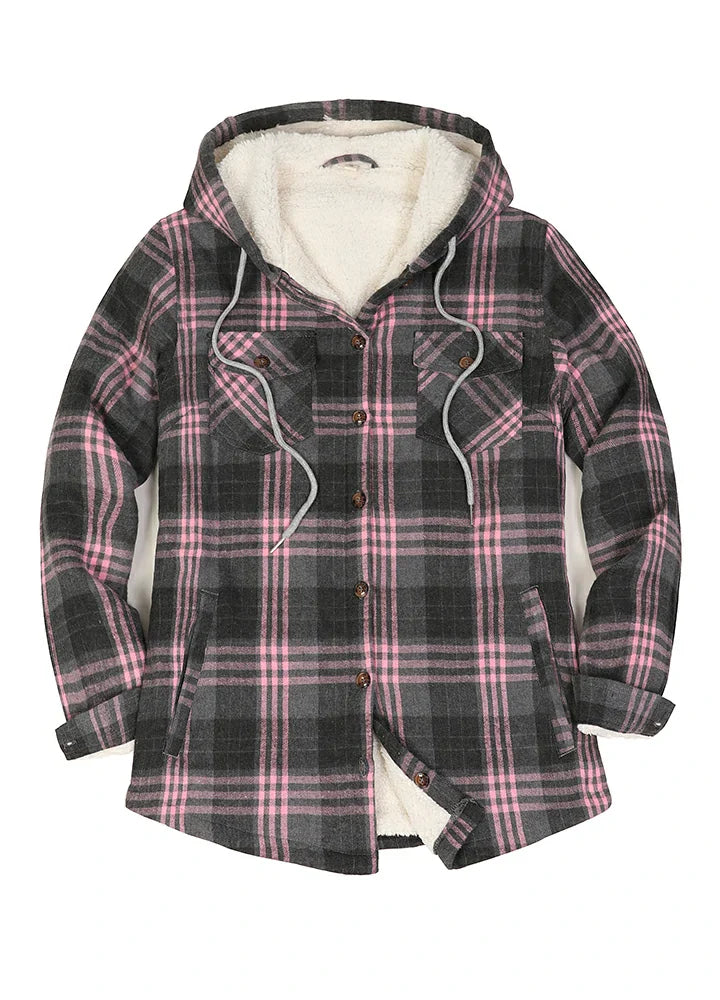 Women's Sherpa Lined Flannel Jacket with Hood, Button Up Plaid-7