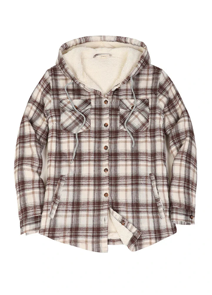 Women's Sherpa Lined Flannel Jacket with Hood, Button Up Plaid-3