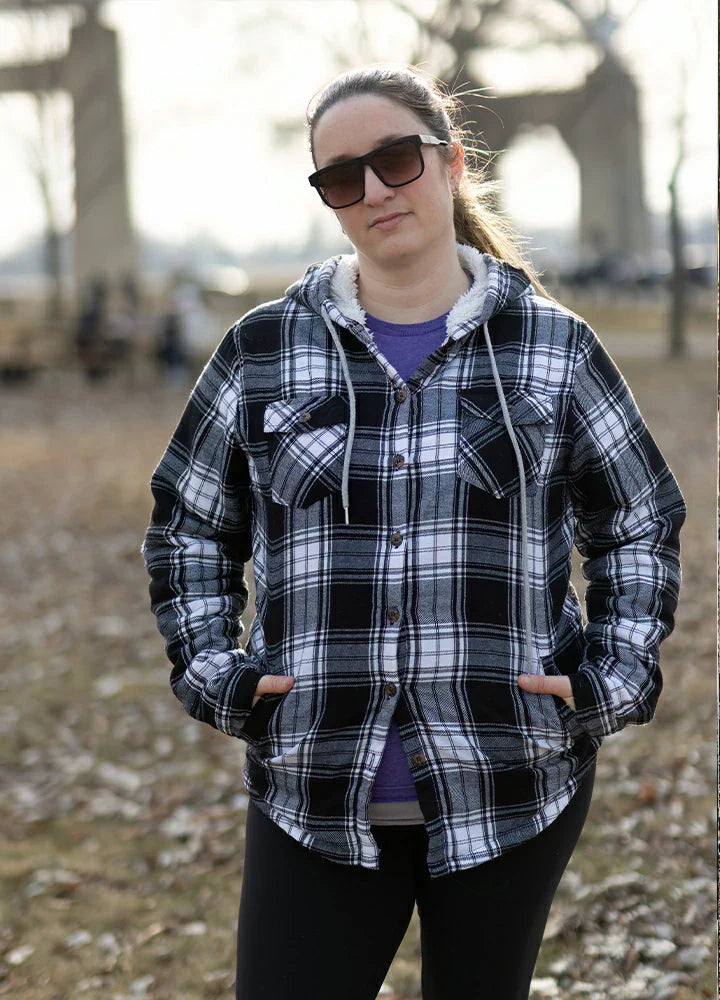 Women's Sherpa Lined Flannel Jacket with Hood, Button Up Plaid-5