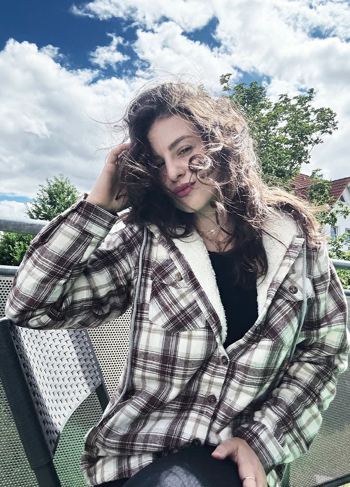 Women's Sherpa Lined Flannel Jacket with Hood, Button Up Plaid-1