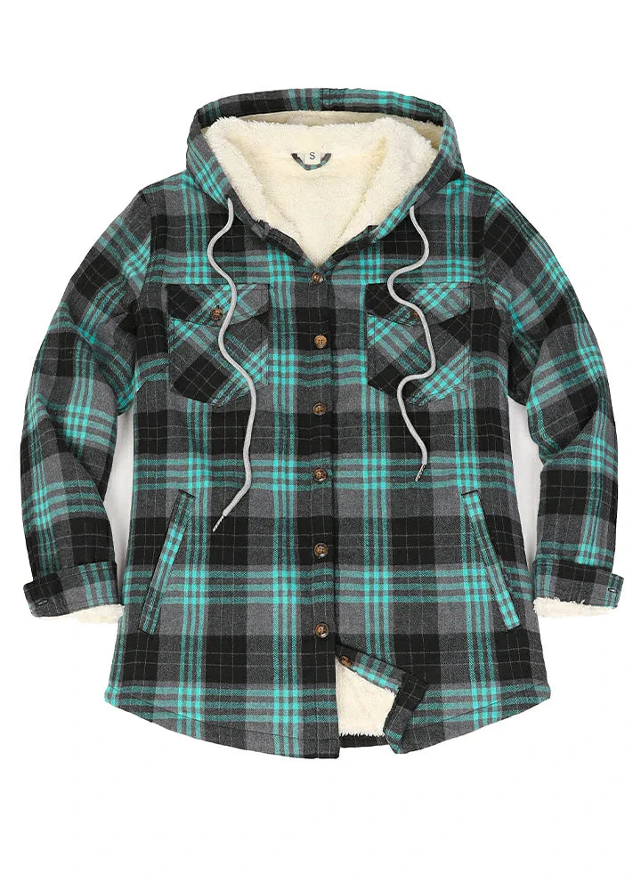 Women's Sherpa Lined Flannel Jacket with Hood, Button Up Plaid-22