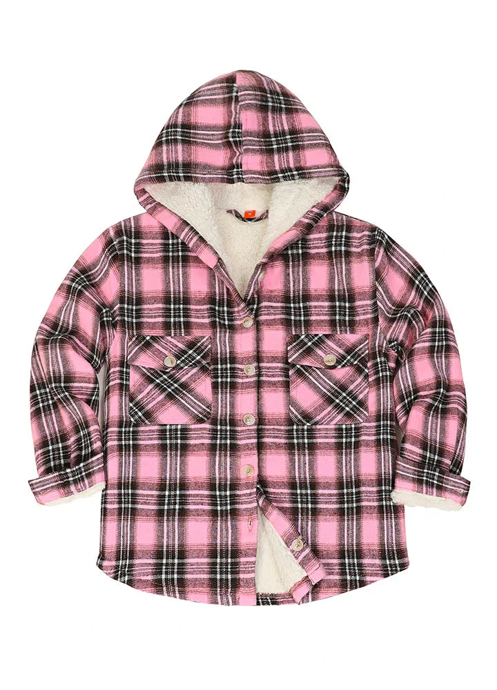 Girls Hooded Plaid Flannel Shirt Jacket,Sherpa Lined-1