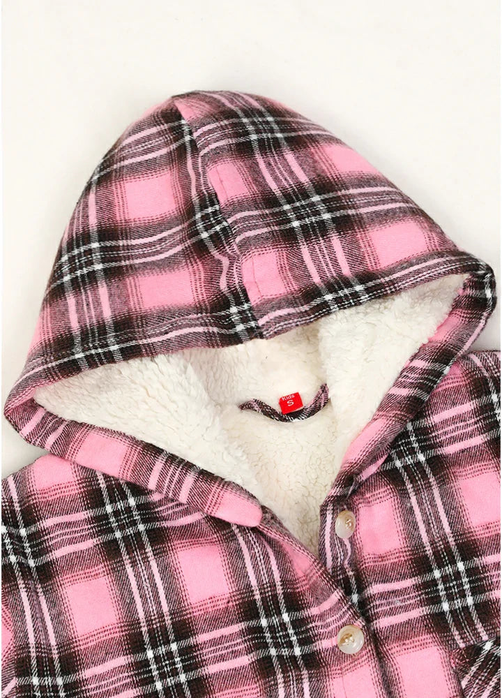 Girls Hooded Plaid Flannel Shirt Jacket,Sherpa Lined-2