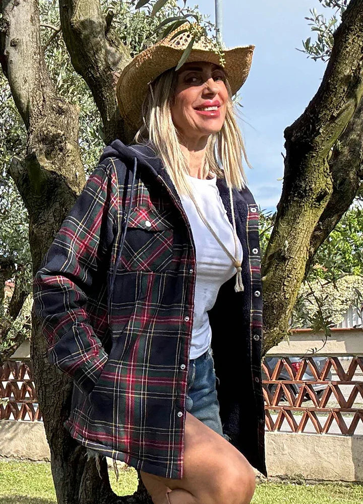 Women's Sherpa-Lined Snap Button Flannel Jacket with Fleece Hood-6