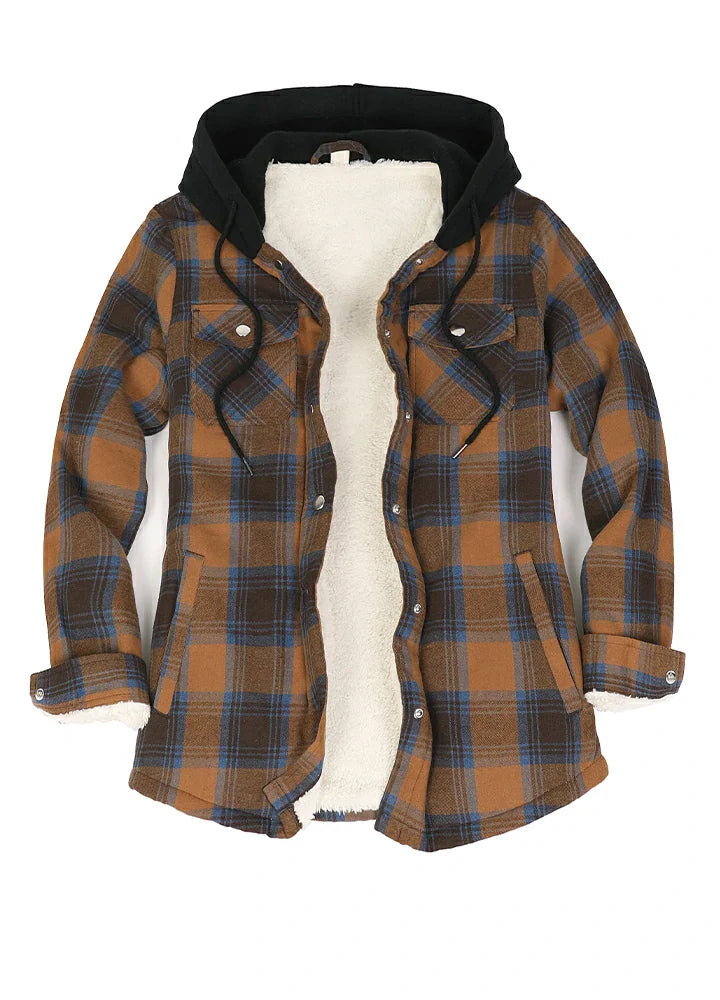 Women's Sherpa-Lined Snap Button Flannel Jacket with Fleece Hood-12