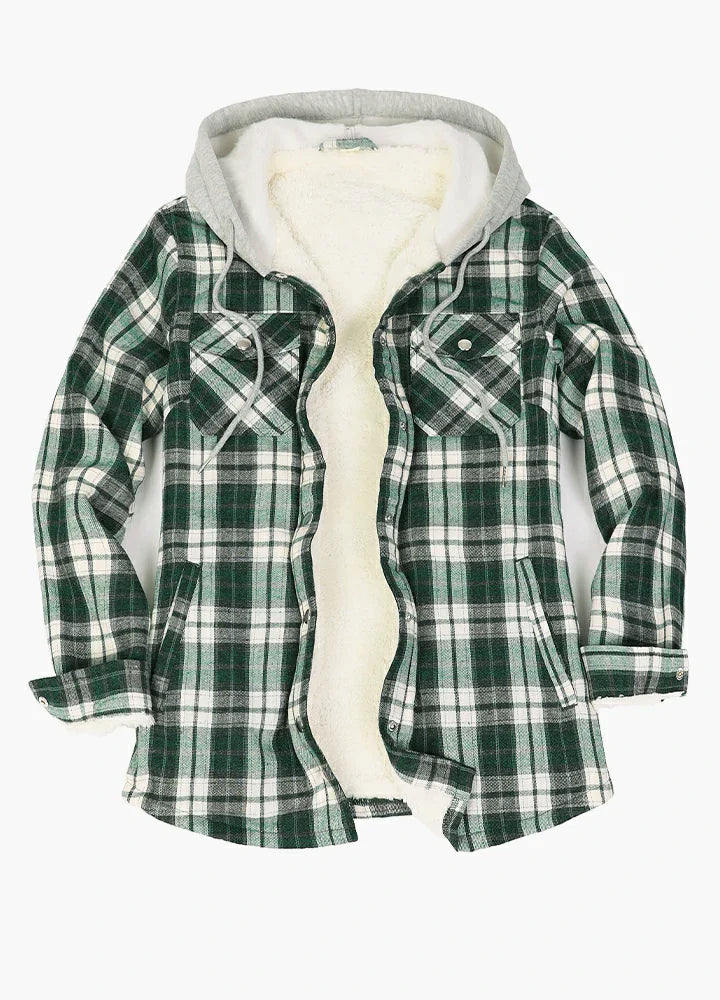 Women's Sherpa-Lined Snap Button Flannel Jacket with Fleece Hood-13