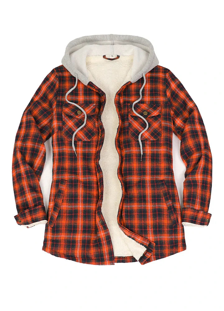 Women's Sherpa-Lined Snap Button Flannel Jacket with Fleece Hood-16