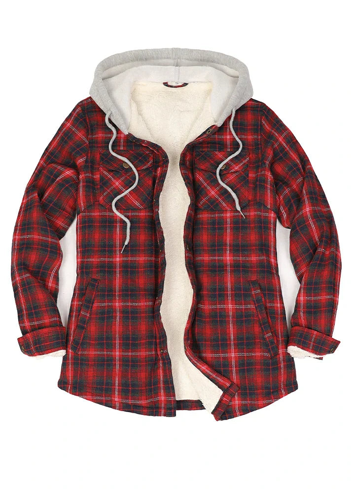 Women's Sherpa-Lined Snap Button Flannel Jacket with Fleece Hood-15