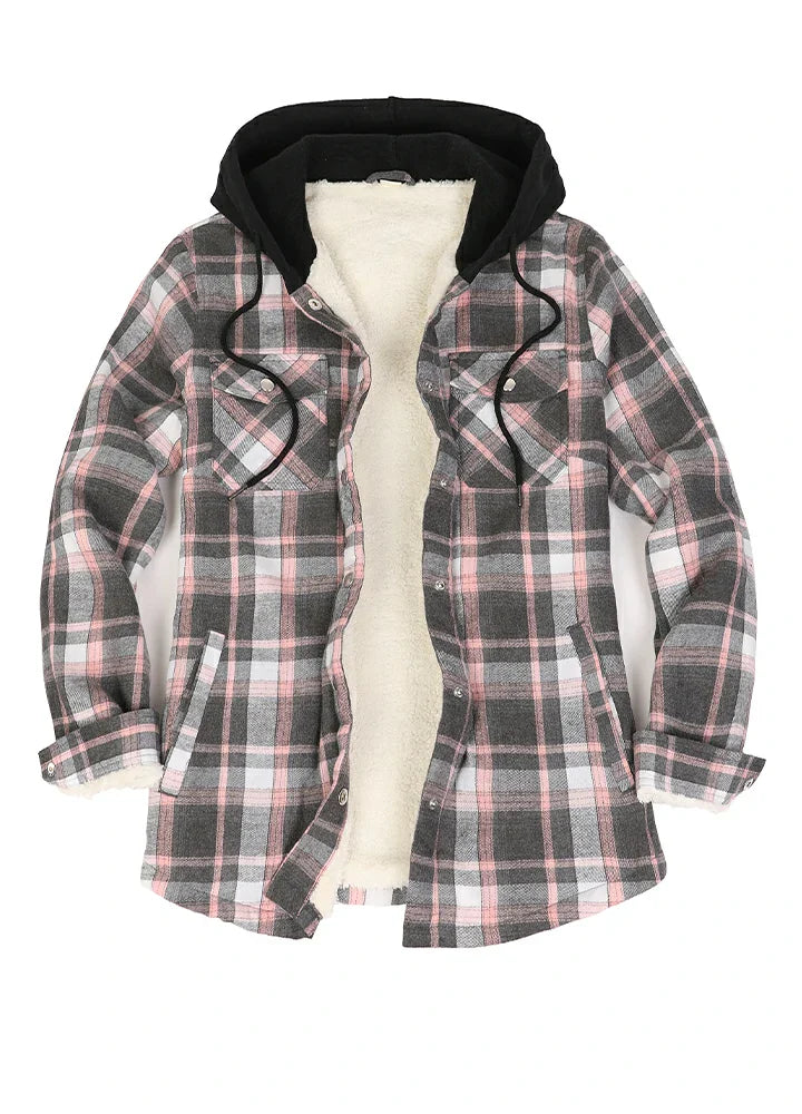 Women's Sherpa-Lined Snap Button Flannel Jacket with Fleece Hood-11