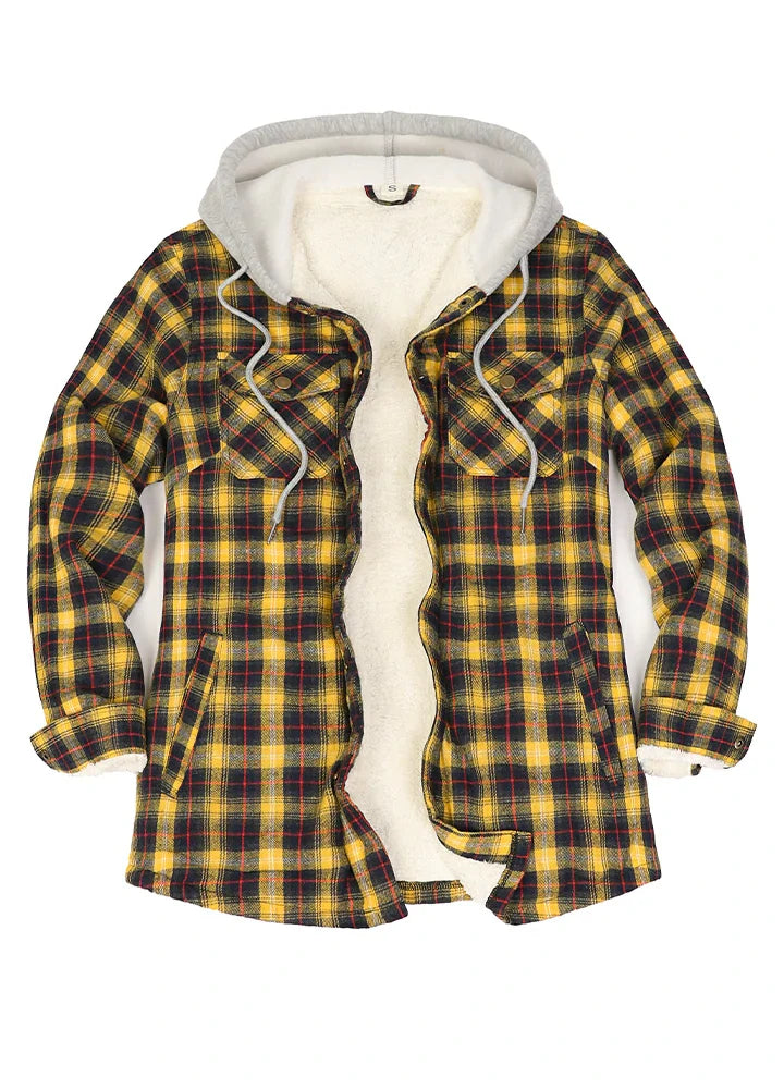 Women's Sherpa-Lined Snap Button Flannel Jacket with Fleece Hood-14